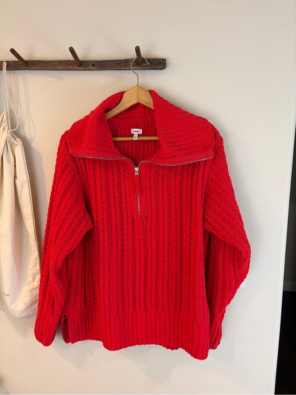 Aerie Cable Car Quarter Zip Sweater XS Red Chenille